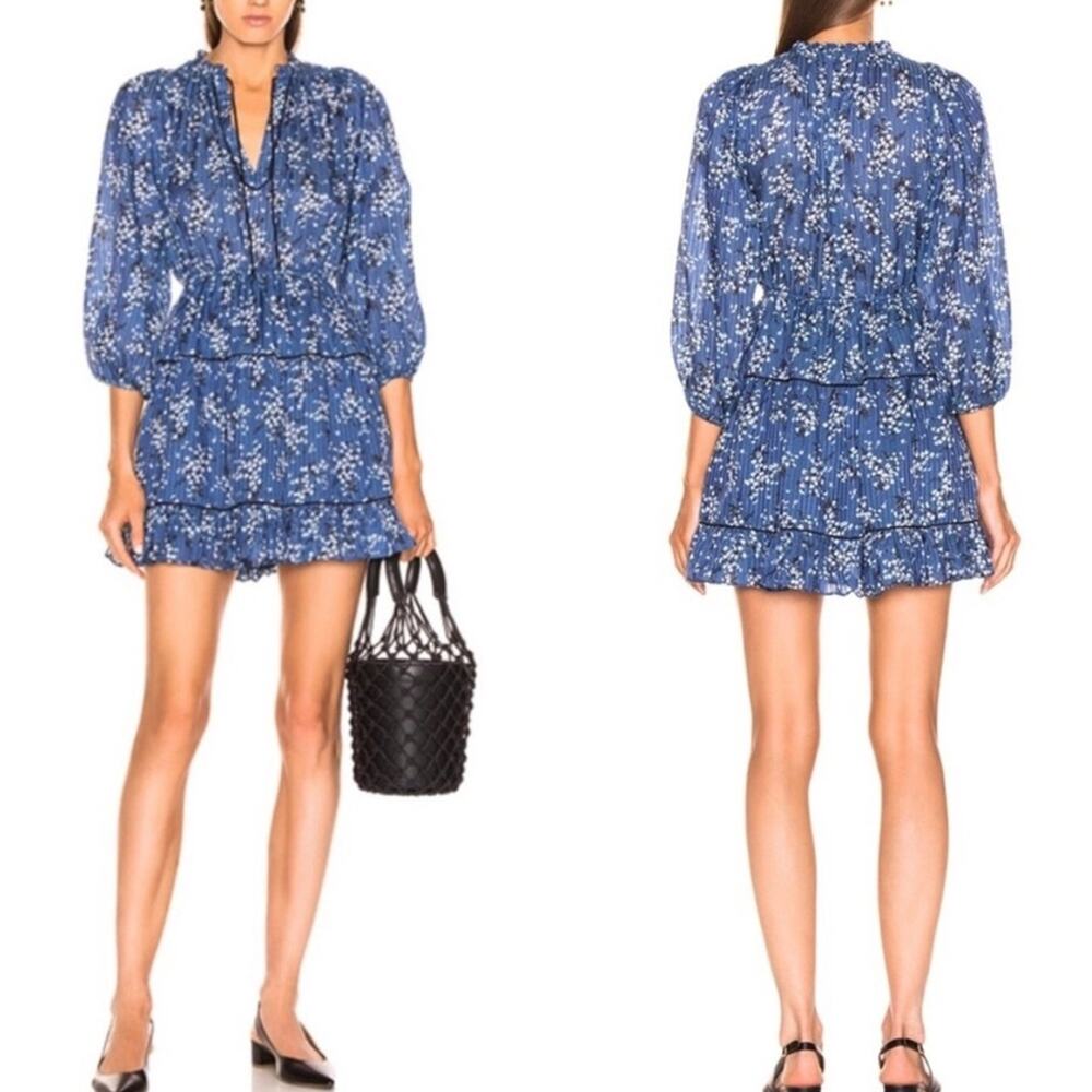 Ulla Johnson Brienne Floral Print Dress Mini Tiered Blue size 2